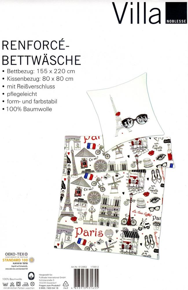 Bettwäsche I love Paris - 155x 220cm - Baumwolle - Renforcé - Übergröße